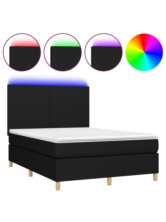 Atsperu gulta ar matraci, LED, melns audums, 140x190 cm