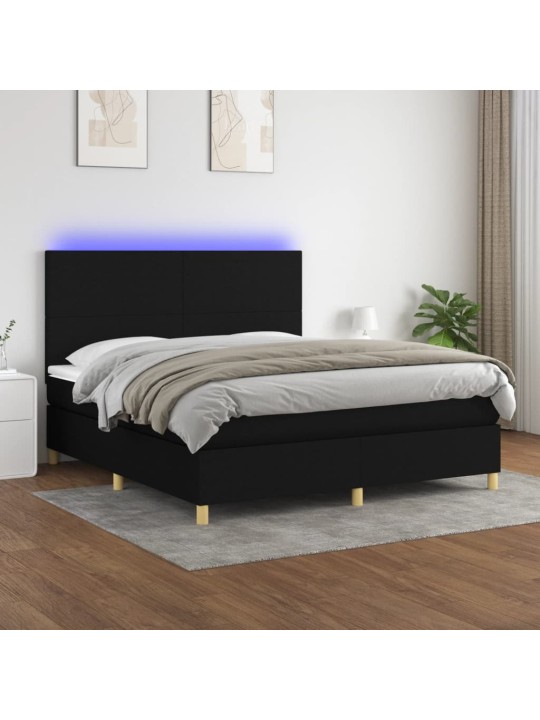 Atsperu gulta ar matraci, LED, melns audums, 180x200 cm