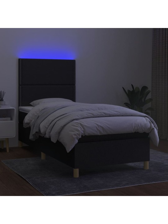 Atsperu gulta ar matraci, led, melns audums, 100x200 cm