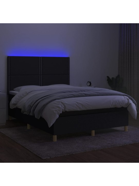 Atsperu gulta ar matraci, LED, melns audums, 140x190 cm