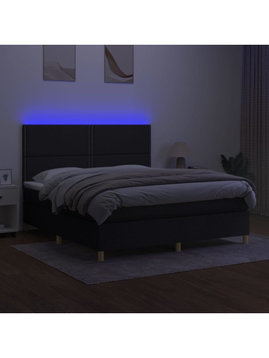 Atsperu gulta ar matraci, LED, melns audums, 160x200 cm