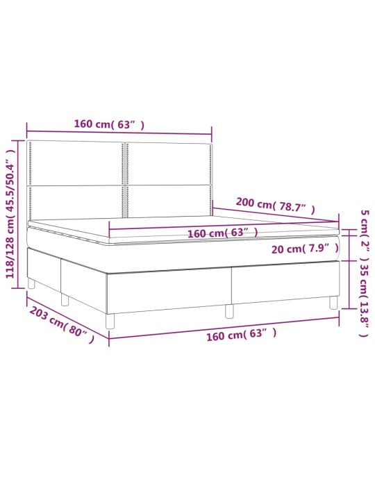 Atsperu gulta ar matraci, LED, melns audums, 160x200 cm