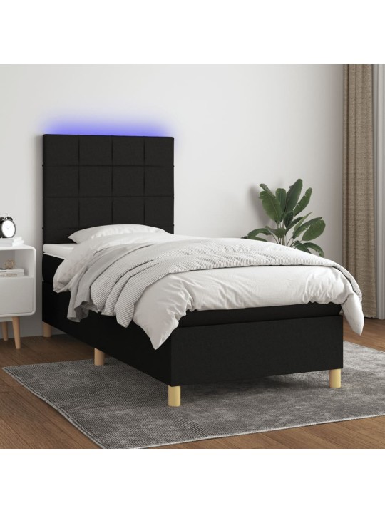 Atsperu gulta ar matraci, LED, melns audums, 90x200 cm