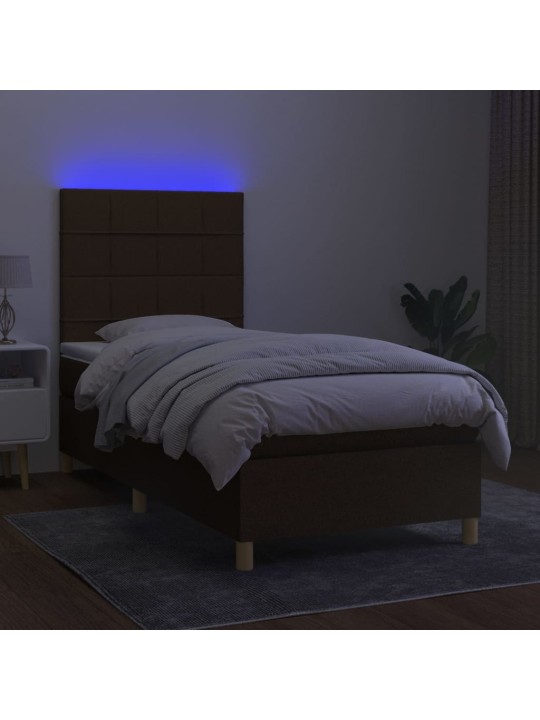 Atsperu gulta ar matraci, LED, tumši brūns audums, 90x200 cm