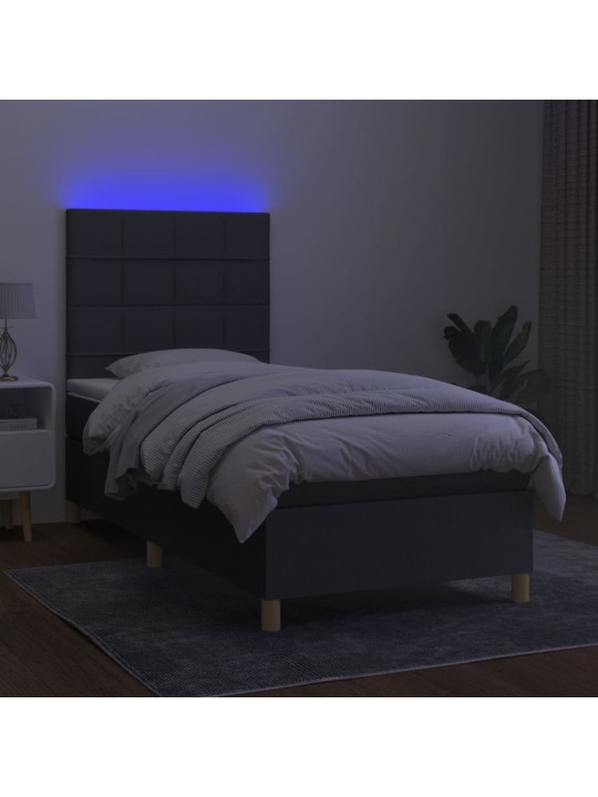Atsperu gulta ar matraci, LED, tumši pelēks audums, 100x200 cm