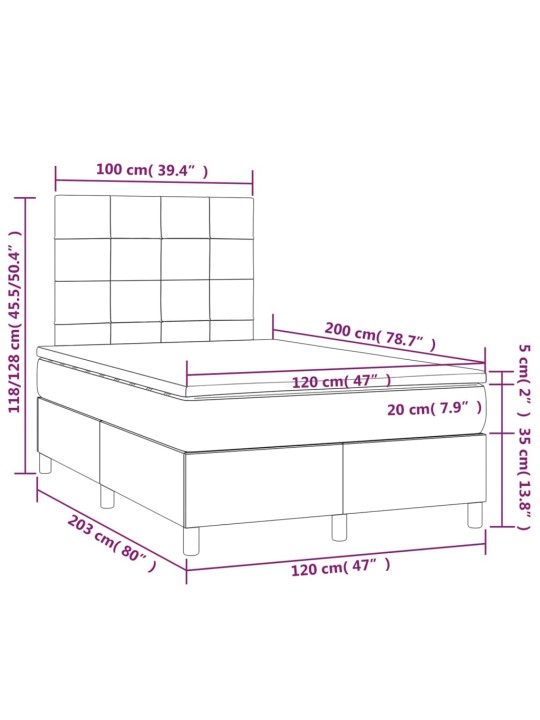 Atsperu gulta ar matraci, led, melns audums, 120x200 cm