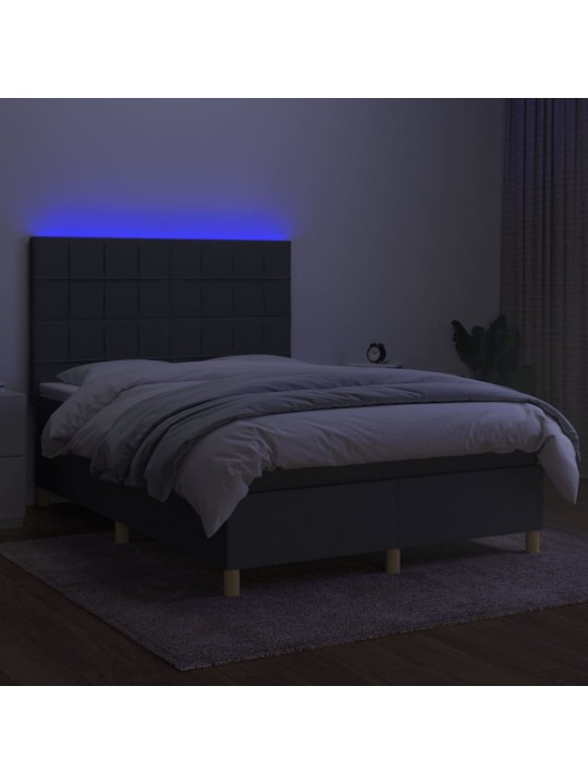 Atsperu gulta ar matraci, LED, tumši pelēks audums, 140x190 cm