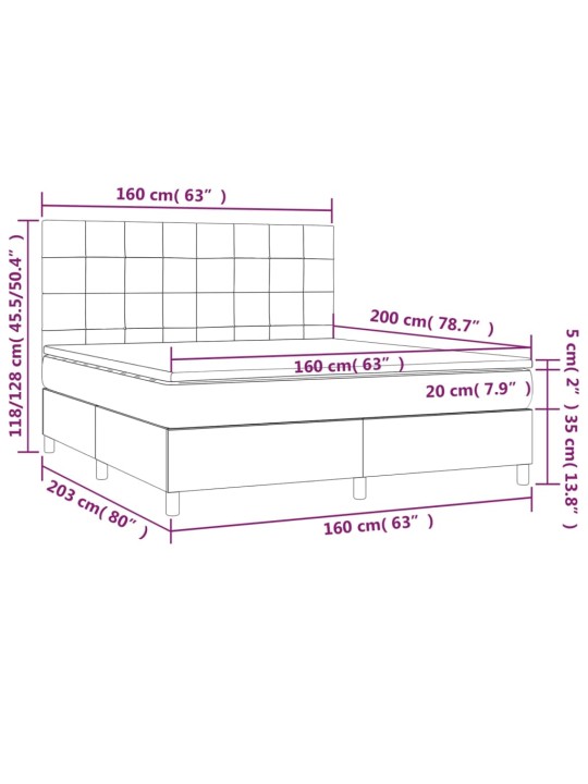 Atsperu gulta ar matraci, LED, melns audums, 160x200 cm