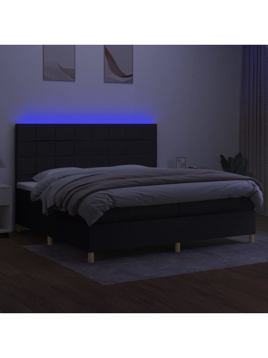 Atsperu gulta ar matraci, LED, melns audums, 200x200 cm