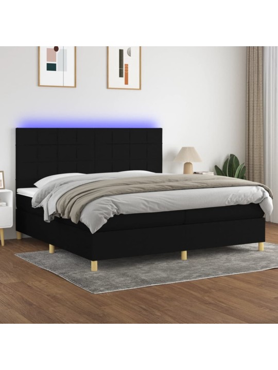 Atsperu gulta ar matraci, LED, melns audums, 200x200 cm
