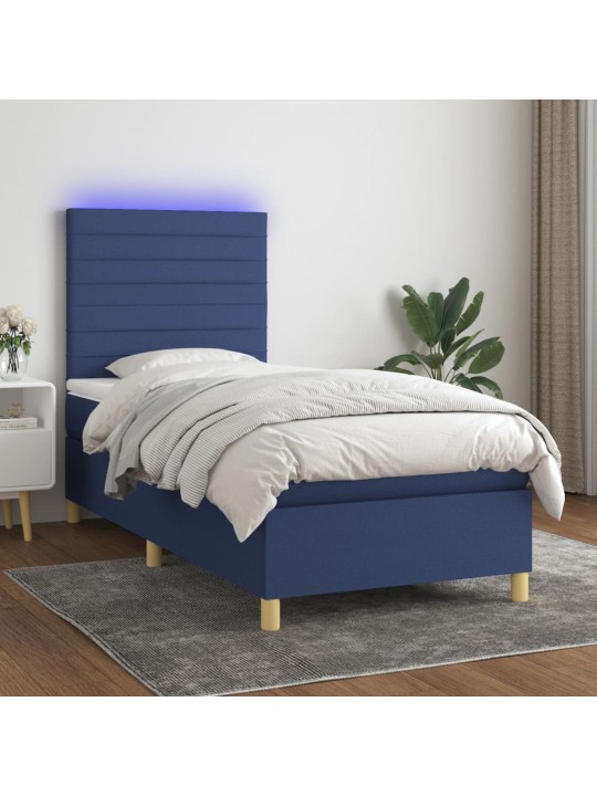Atsperu gulta ar matraci, LED, zils audums, 90x200 cm