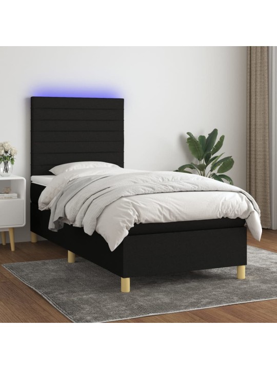 Atsperu gulta ar matraci, led, melns audums, 100x200 cm