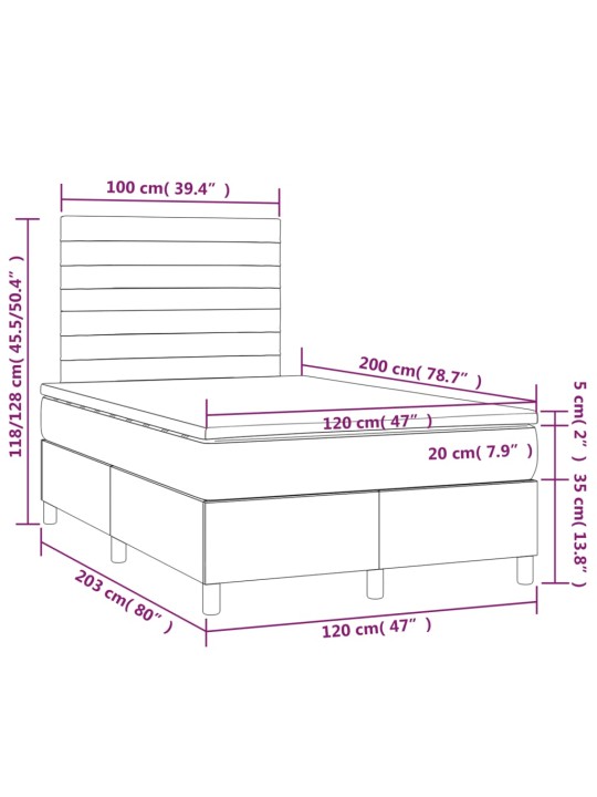 Atsperu gulta ar matraci, LED, zils audums, 120x200 cm