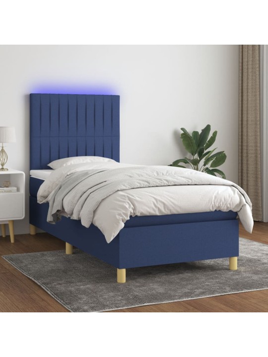 Atsperu gulta ar matraci, LED, zils audums, 90x190 cm