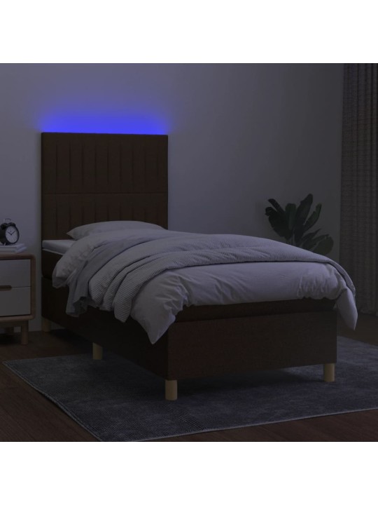 Atsperu gulta ar matraci, LED, tumši brūns audums, 90x200 cm