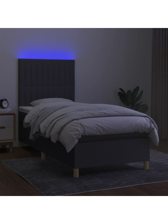 Atsperu gulta ar matraci, LED, tumši pelēks audums, 100x200 cm