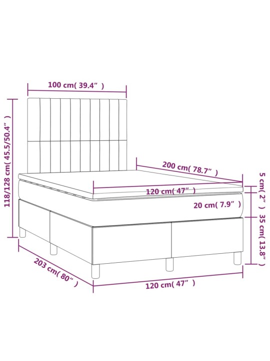 Atsperu gulta ar matraci, led, melns audums, 120x200 cm
