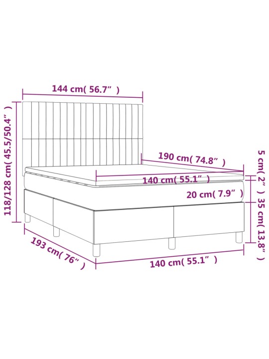 Atsperu gulta ar matraci, LED, melns audums, 140x190 cm