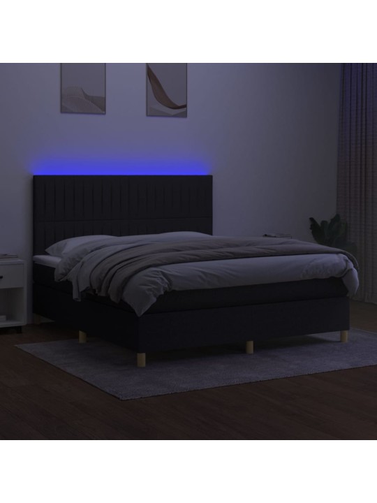 Atsperu gulta ar matraci, LED, melns audums, 160x200 cm