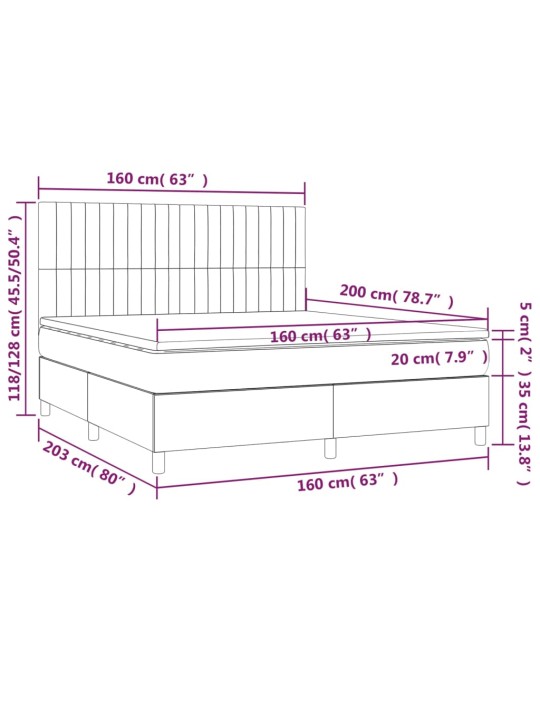 Atsperu gulta ar matraci, LED, melns audums, 160x200 cm