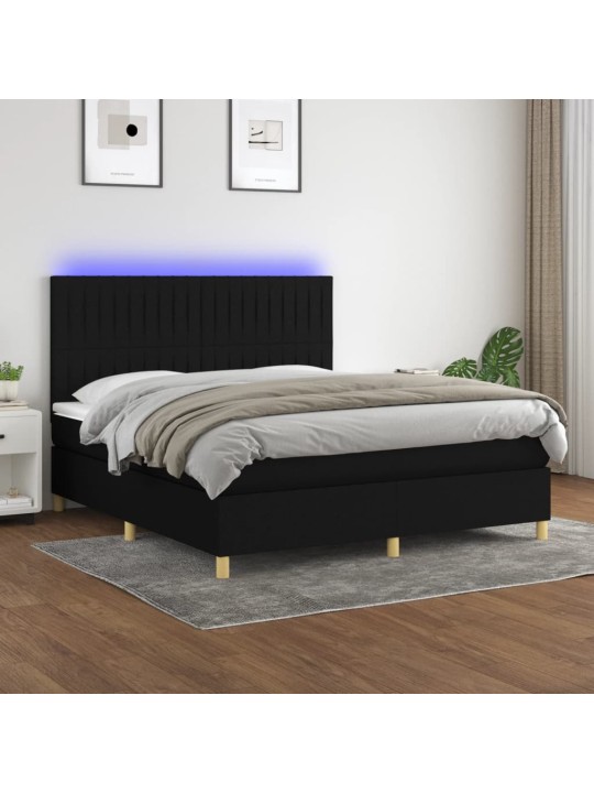 Atsperu gulta ar matraci, led, melns audums, 180x200 cm
