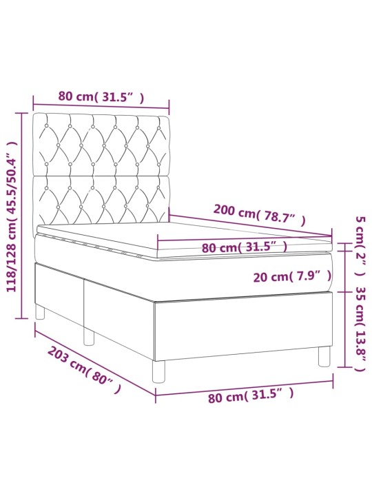 Atsperu gulta ar matraci, LED, zils audums, 80x200 cm