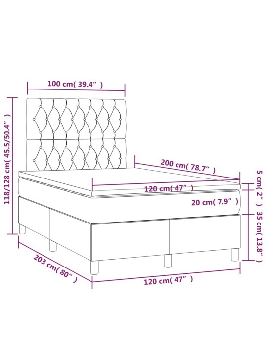 Atsperu gulta ar matraci, led, melns audums, 120x200 cm