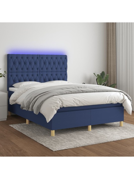 Atsperu gulta ar matraci, LED, zils audums, 140x190 cm