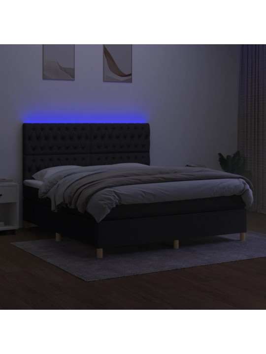 Atsperu gulta ar matraci, LED, melns audums, 160x200 cm