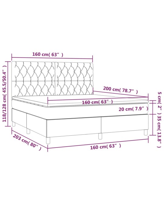 Atsperu gulta ar matraci, LED, melns audums, 160x200 cm