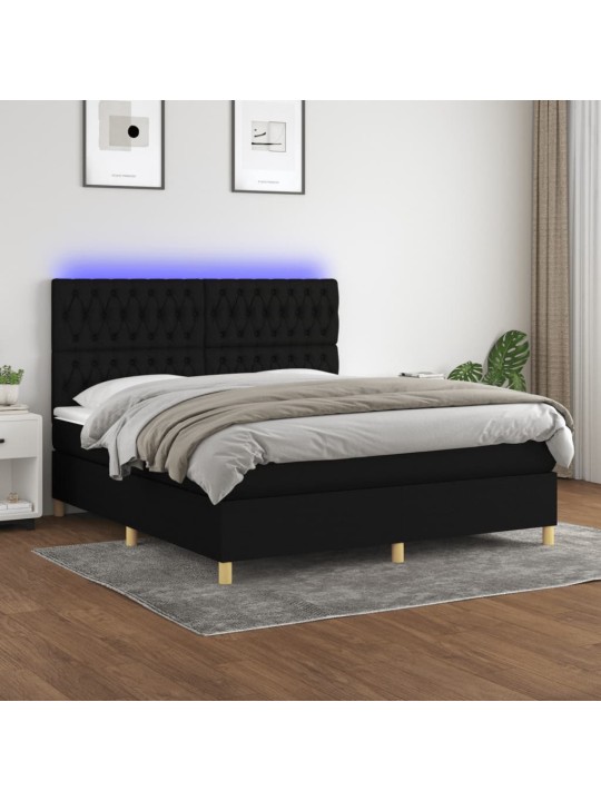 Atsperu gulta ar matraci, LED, melns audums, 160x200 cm