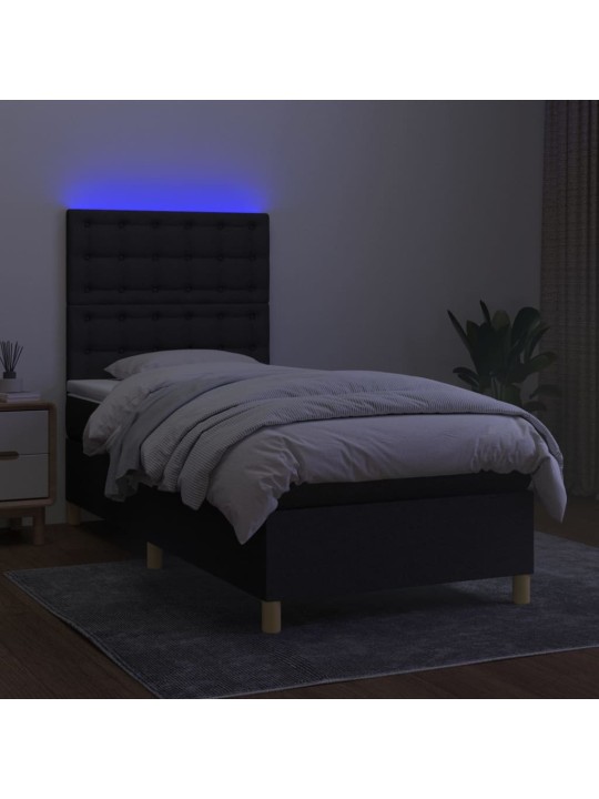 Atsperu gulta ar matraci, LED, melns audums, 90x190 cm