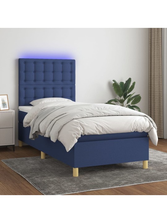 Atsperu gulta ar matraci, LED, zils audums, 90x200 cm