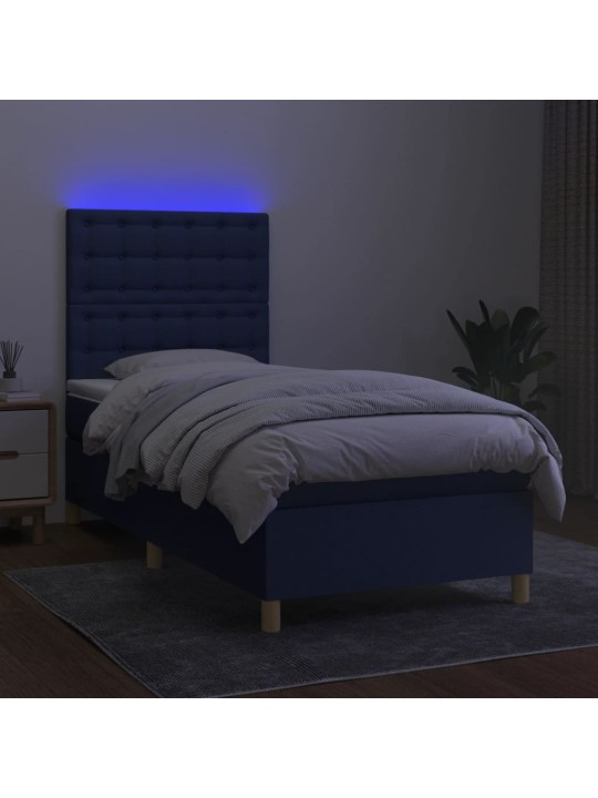 Atsperu gulta ar matraci, LED, zils audums, 100x200 cm