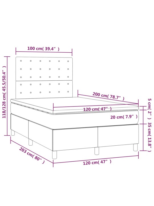 Atsperu gulta ar matraci, led, melns audums, 120x200 cm