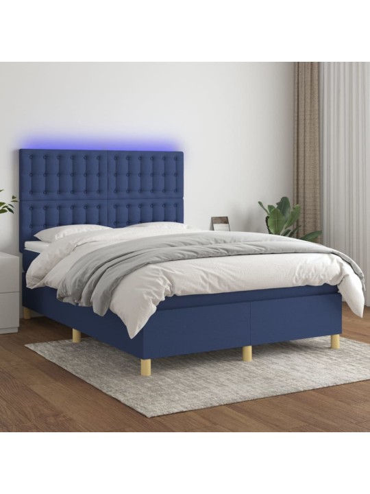 Atsperu gulta ar matraci, LED, zils audums, 140x190 cm