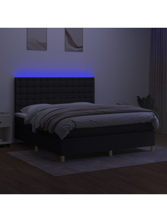 Atsperu gulta ar matraci, LED, melns audums, 160x200 cm
