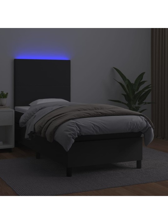 Atsperu gulta ar matraci, led, melna, 90x200 cm, mākslīgā āda