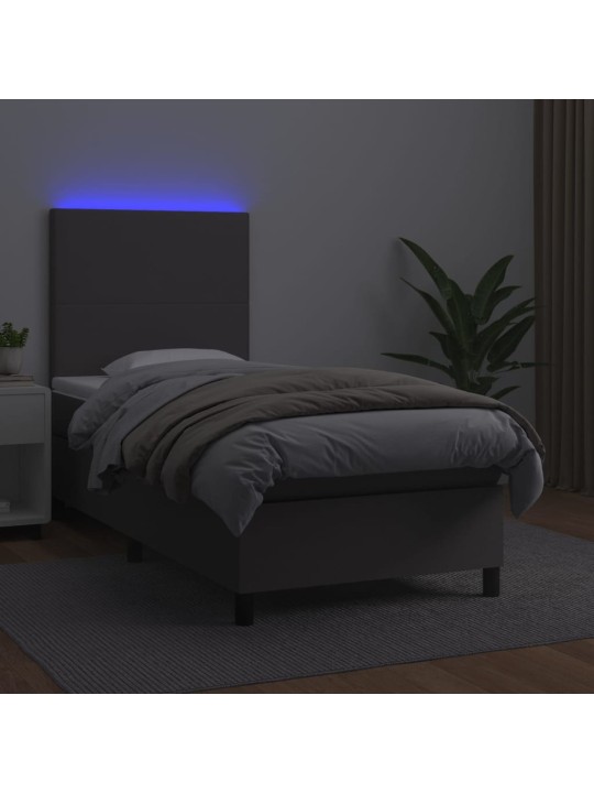 Atsperu gulta ar matraci, LED, pelēka, 100x200 cm, mākslīgā āda