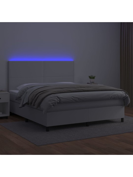 Atsperu gulta ar matraci, led, balta, 160x200 cm, mākslīgā āda