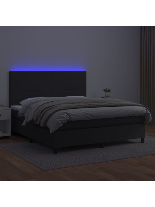 Atsperu gulta ar matraci, LED, melna, 180x200 cm, mākslīgā āda
