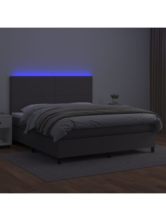 Atsperu gulta ar matraci, LED, pelēka, 180x200 cm, mākslīgā āda
