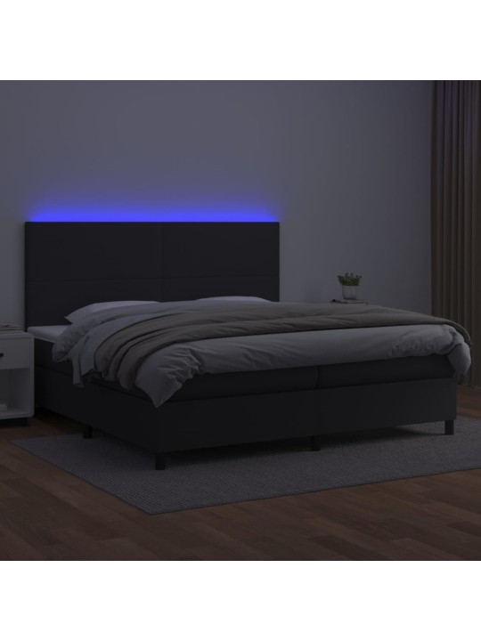 Atsperu gulta ar matraci, led, melna, 200x200 cm, mākslīgā āda