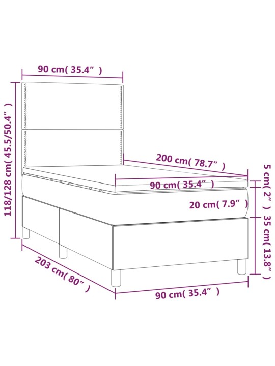 Atsperu gulta ar matraci, led, balta, 90x200 cm, mākslīgā āda