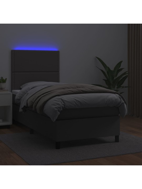 Atsperu gulta ar matraci, LED, pelēka, 90x200 cm, mākslīgā āda