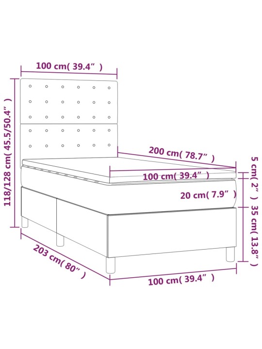 Atsperu gulta ar matraci, led, balta, 100x200 cm, mākslīgā āda