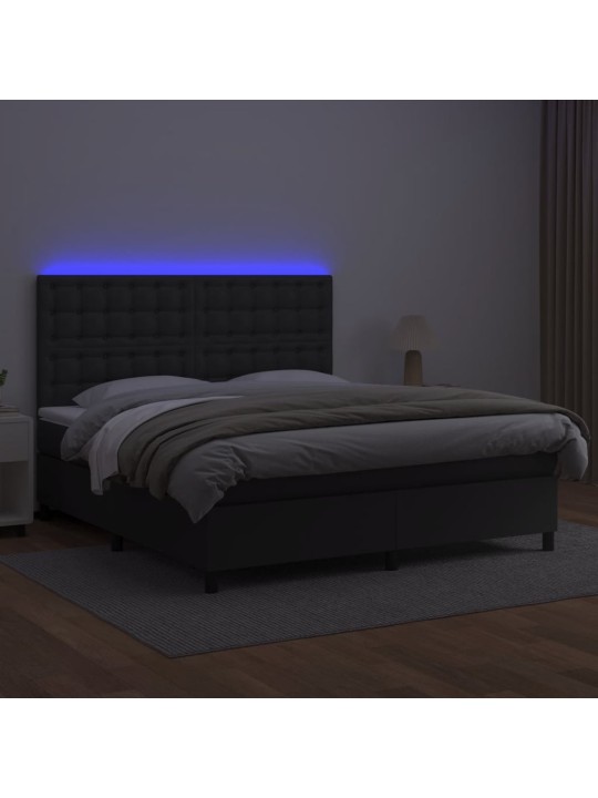 Atsperu gulta ar matraci, LED, melna, 180x200 cm, mākslīgā āda