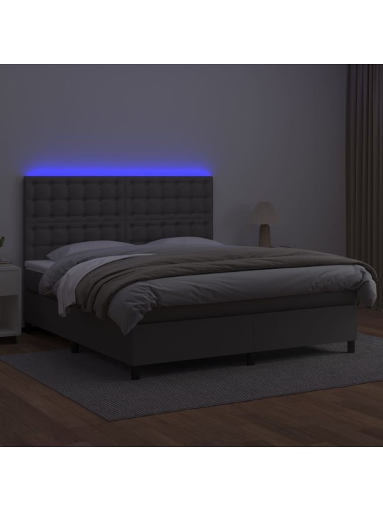 Atsperu gulta ar matraci, LED, pelēka, 180x200 cm, mākslīgā āda
