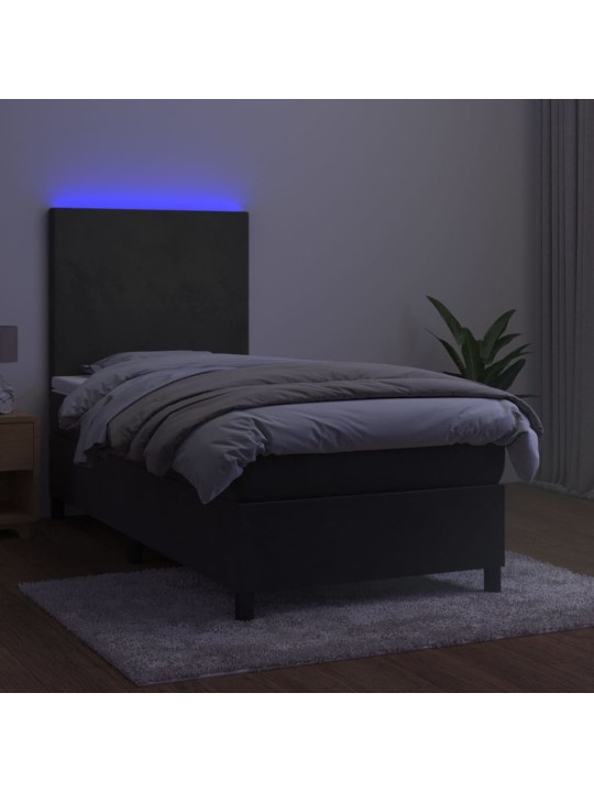 Atsperu gulta ar matraci, LED, tumši pelēks samts, 100x200 cm