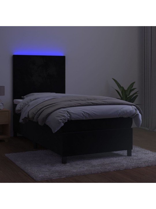 Atsperu gulta ar matraci, LED, melns samts, 100x200 cm